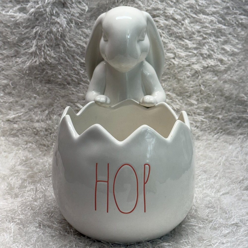 Rae Dunn Easter Bunny Ceramic Cracked Egg "HOP" Basket Candy Bowl Figurine 2020